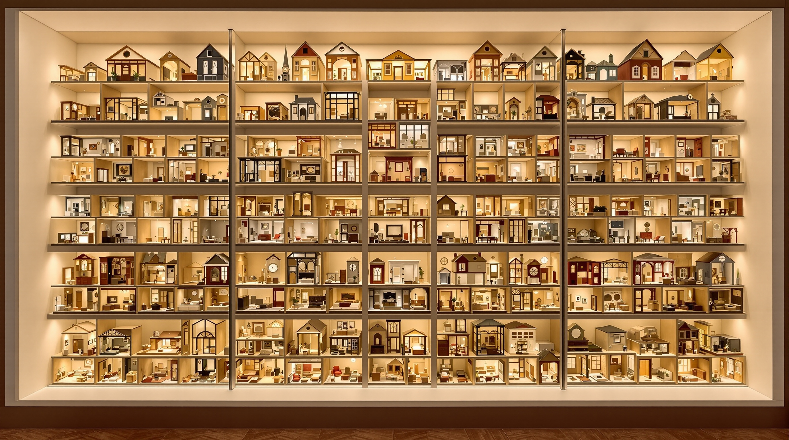 Overview of many different miniature rooms and dolls' house facades