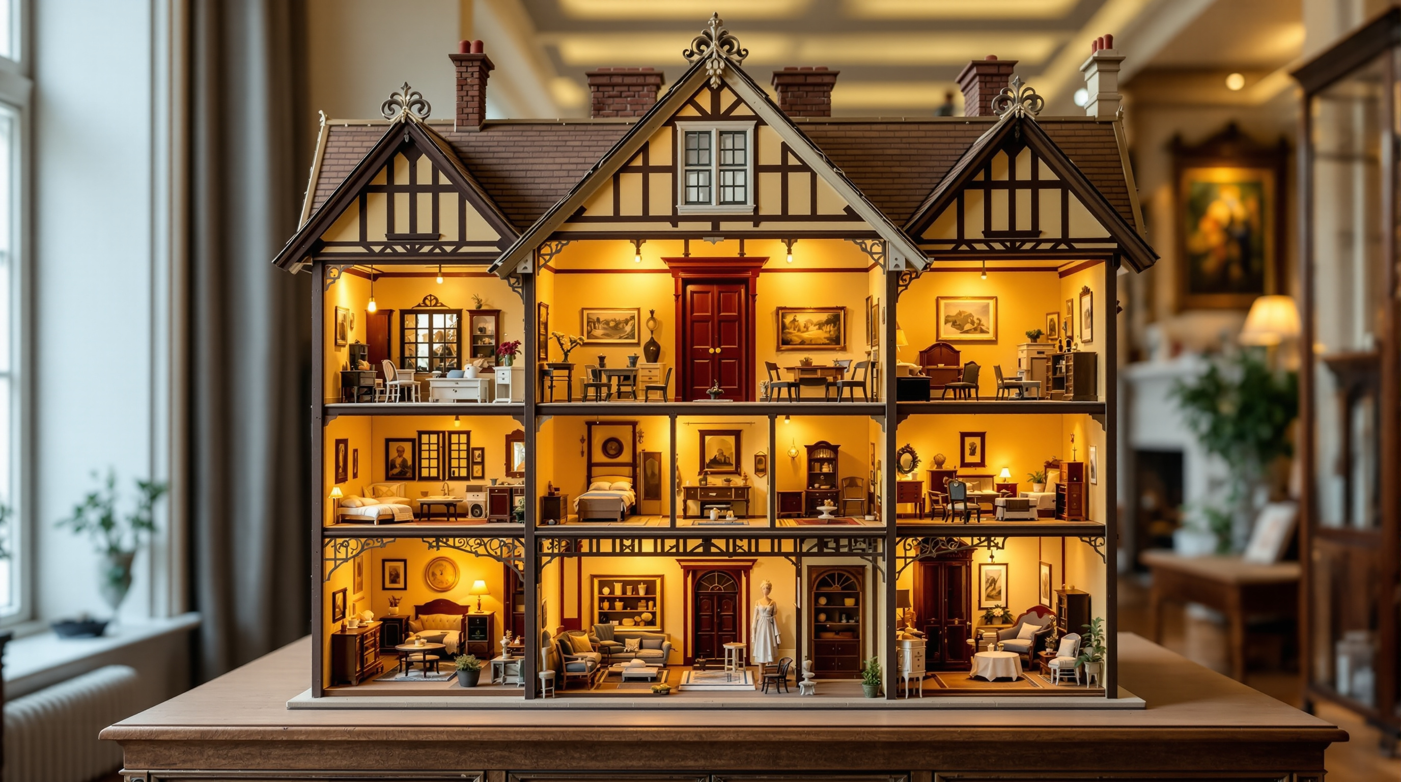 Antique English dolls' house with opened front showing furnished miniature rooms
