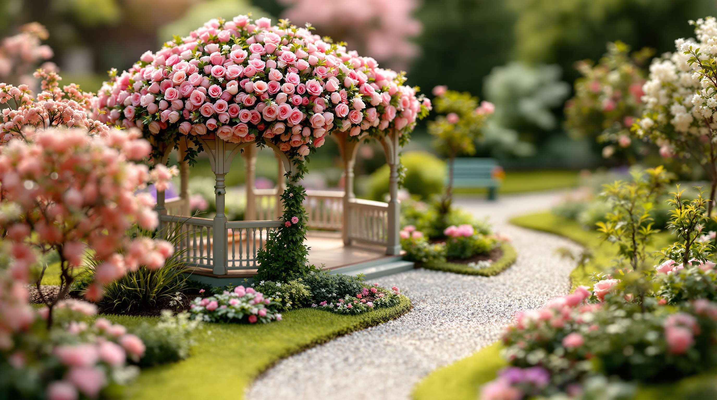 Miniaturgarten mit rosenberanktem Pavillon, kleinen Wegen und Blumenbeeten