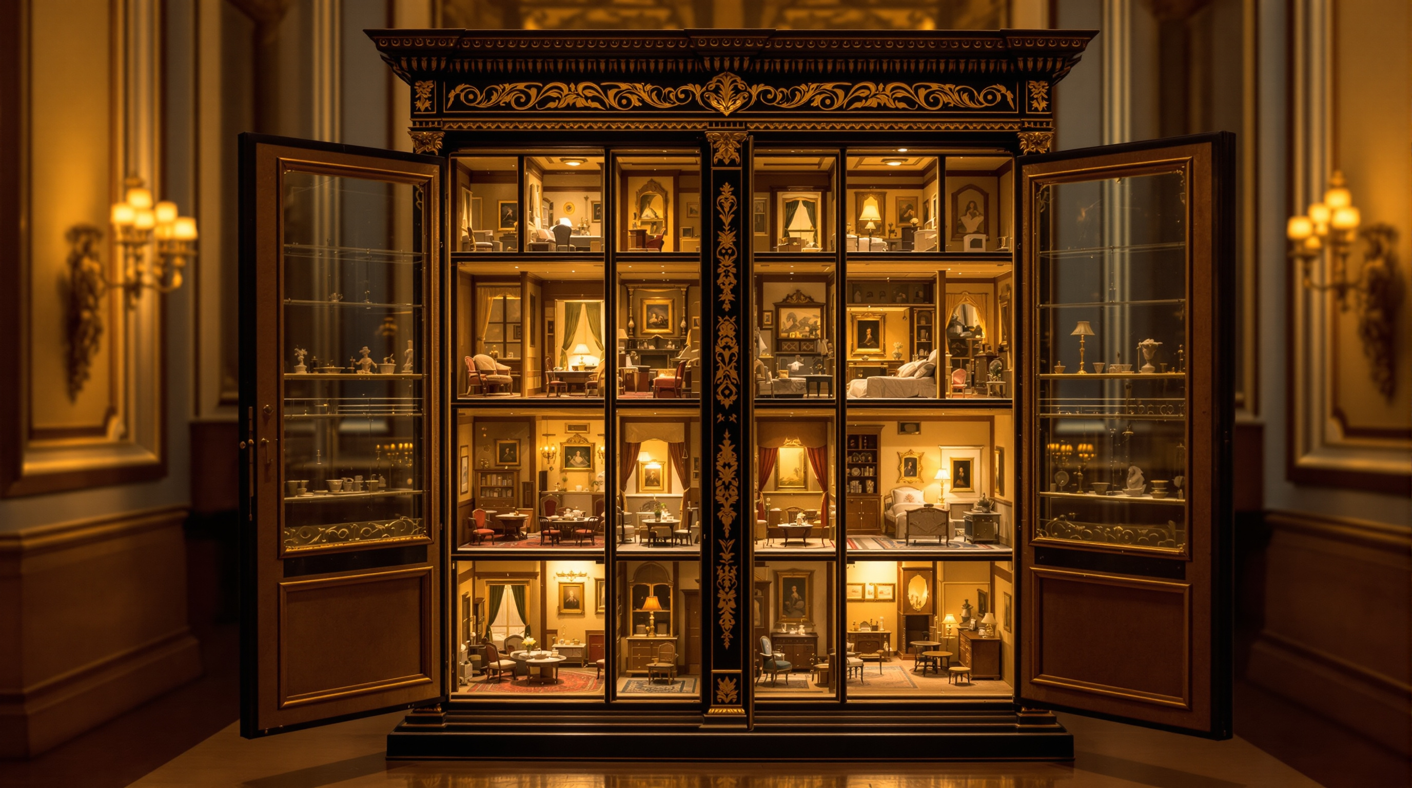 Historischer niederländischer Kabinettschrank als Puppenhaus mit vielen eingerichteten Miniaturzimmern