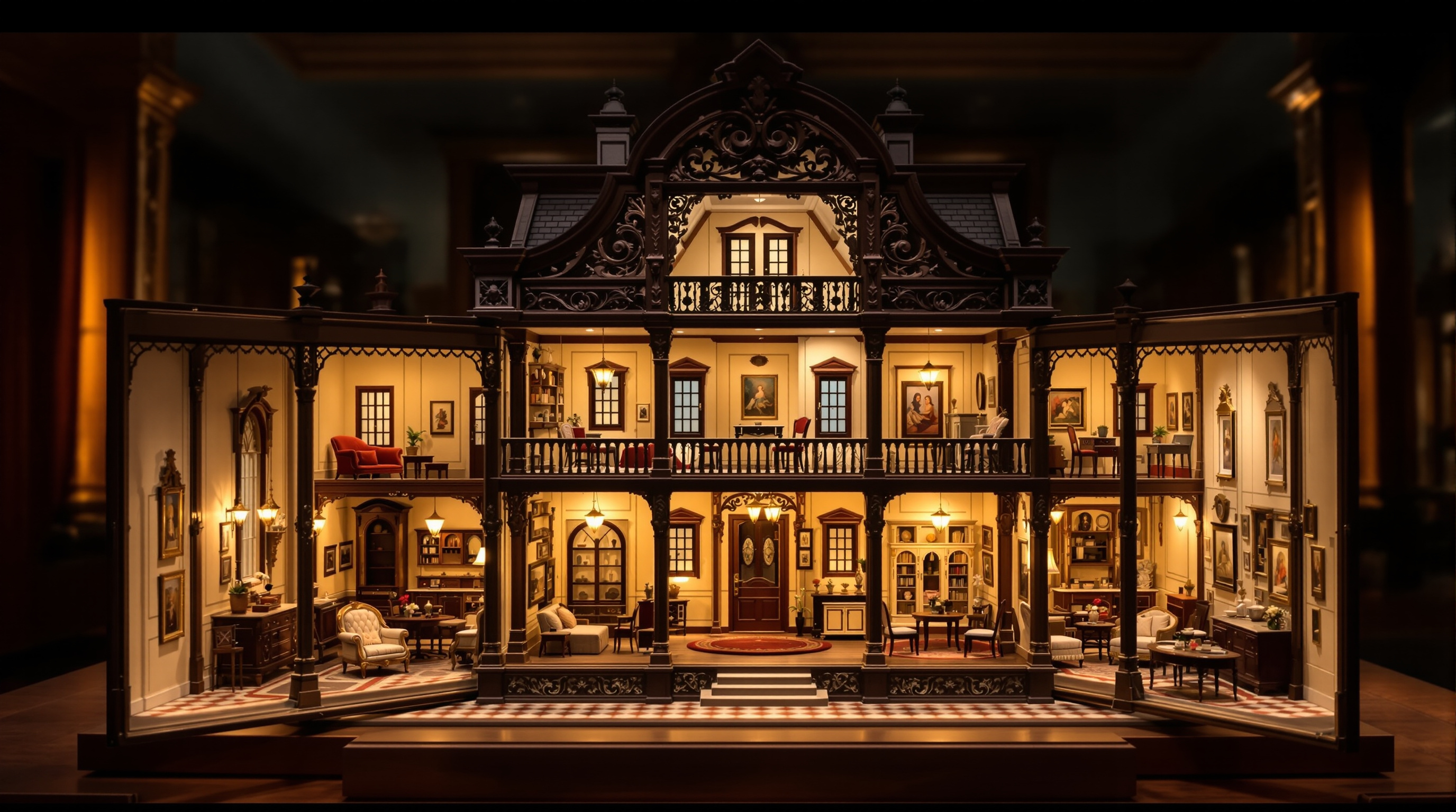 Antikes Puppenhaus mit geöffneter Fassade und eingerichteten Miniaturzimmern